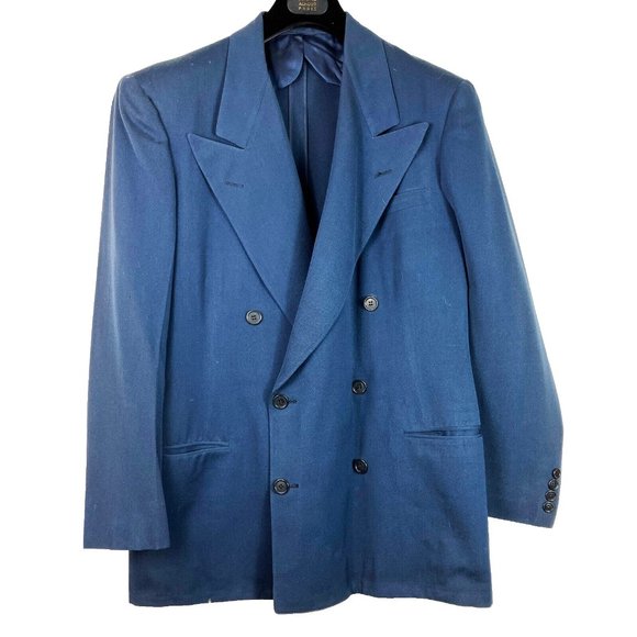 42 S 1940s Blue Peak Lapel Wool 40s Union Label Jacket Double Breasted